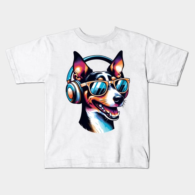 Smiling Rat Terrier DJ in Bold Japanese Art Kids T-Shirt by ArtRUs